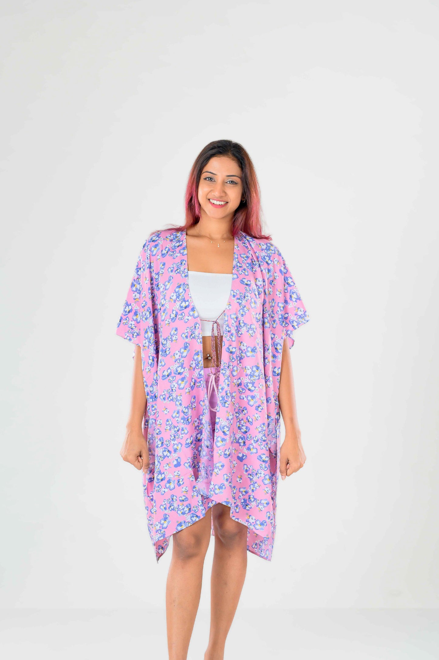 Printed Floral kimono Cover-up (Pink/Purple)