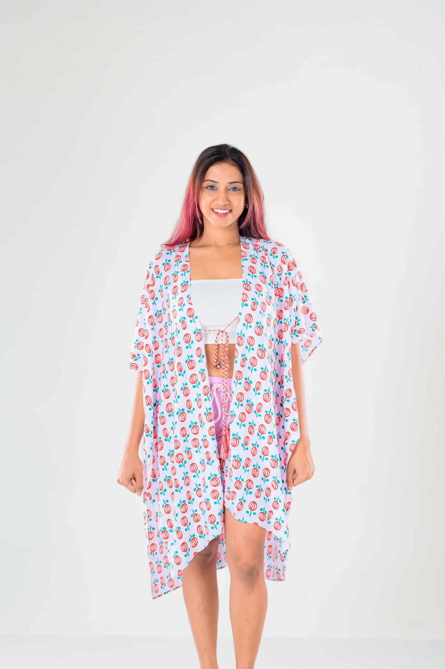 Printed LOLI-POP kimono Cover-up (Cream/Red)