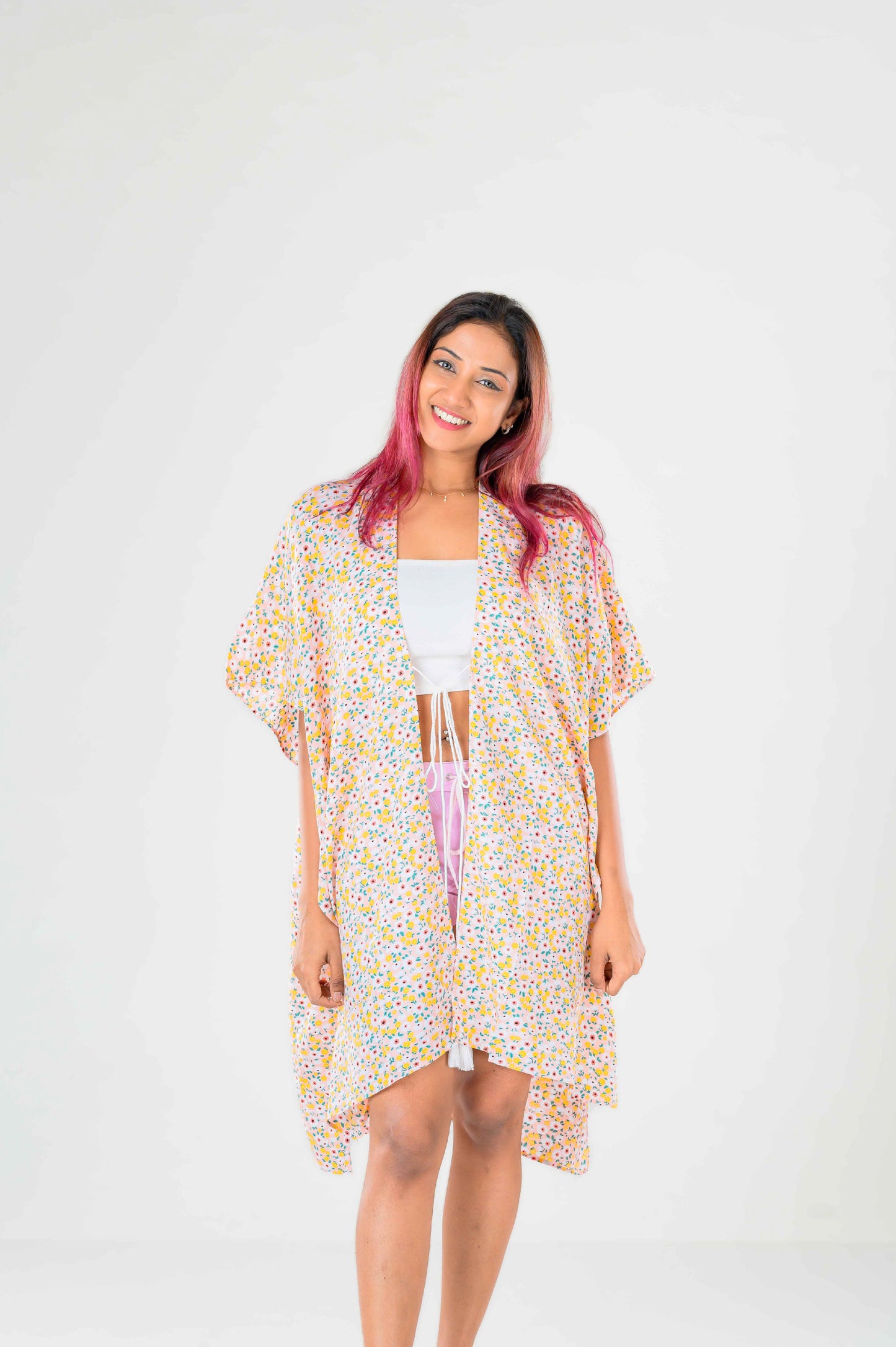 Printed Flower kimono Cover-up (Pink/Yellow)