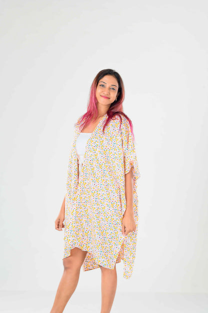 Printed Flower kimono Cover-up (Pink/Yellow)