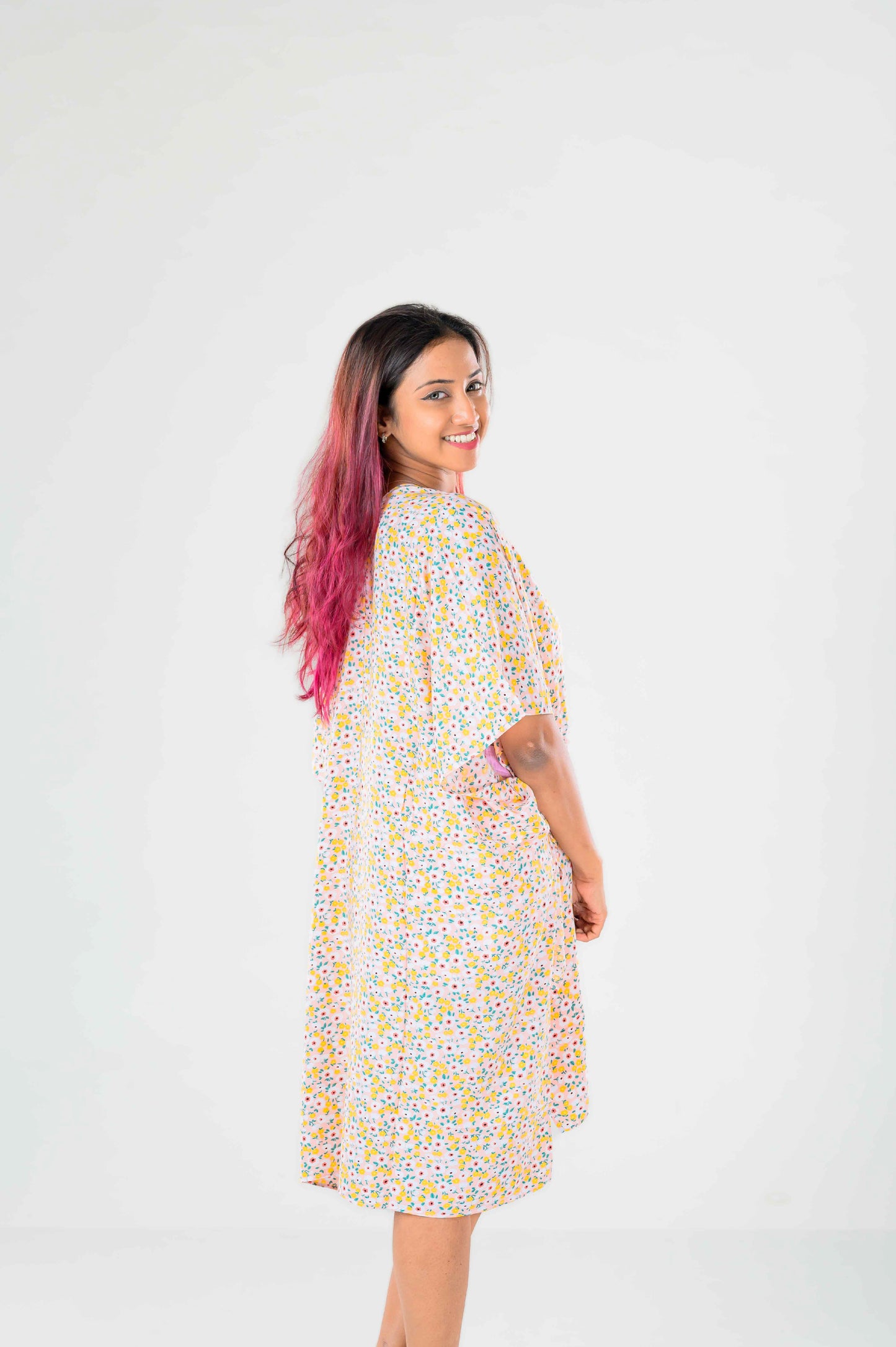 Printed Flower kimono Cover-up (Pink/Yellow)